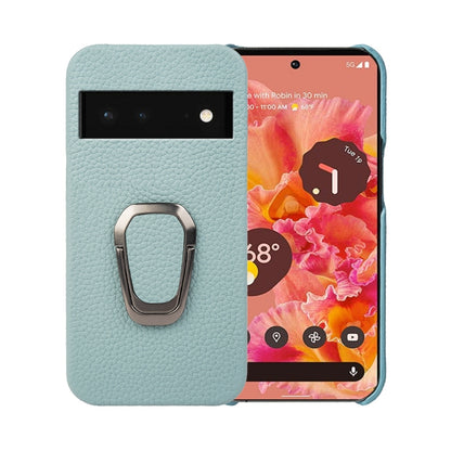 For Google Pixel 6 Ring Holder Litchi Texture Genuine Leather Phone Case