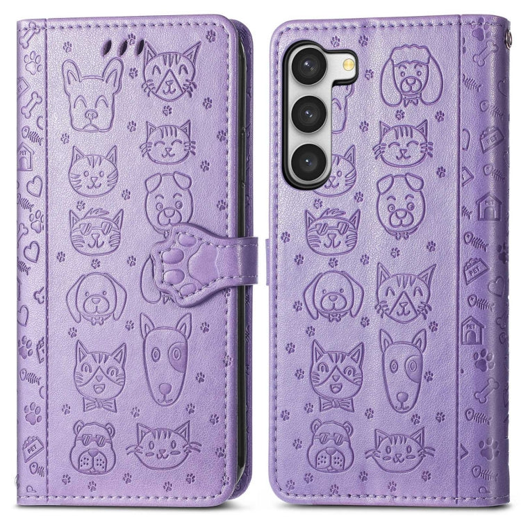 Cute Cat and Dog Embossed Leather Phone Case, For Samsung Galaxy S23 5G, For Samsung Galaxy S23+ 5G, For Samsung Galaxy S23 Ultra 5G