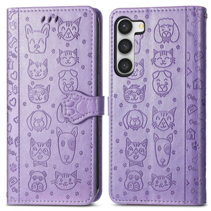 Cute Cat and Dog Embossed Leather Phone Case, For Samsung Galaxy S23 5G, For Samsung Galaxy S23+ 5G, For Samsung Galaxy S23 Ultra 5G