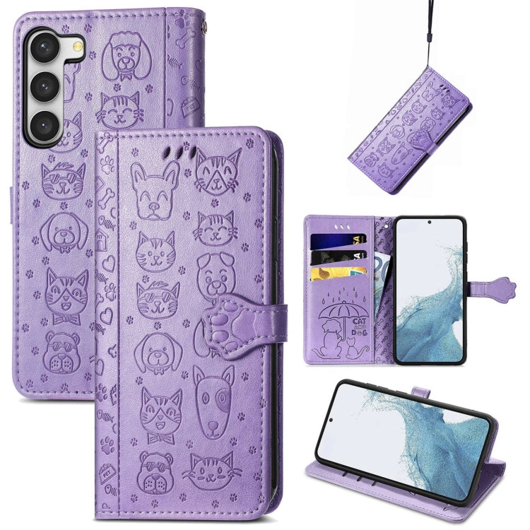 Cute Cat and Dog Embossed Leather Phone Case, For Samsung Galaxy S23 5G, For Samsung Galaxy S23+ 5G, For Samsung Galaxy S23 Ultra 5G