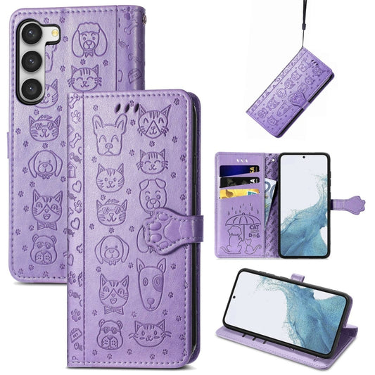 Cute Cat and Dog Embossed Leather Phone Case, For Samsung Galaxy S23 5G, For Samsung Galaxy S23+ 5G, For Samsung Galaxy S23 Ultra 5G