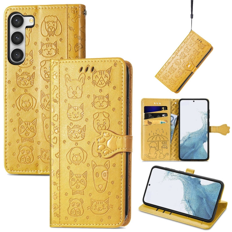 Cute Cat and Dog Embossed Leather Phone Case, For Samsung Galaxy S23 5G, For Samsung Galaxy S23+ 5G, For Samsung Galaxy S23 Ultra 5G