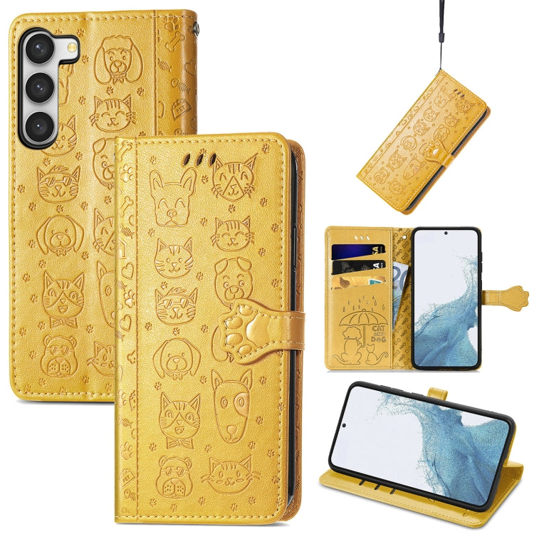 Cute Cat and Dog Embossed Leather Phone Case, For Samsung Galaxy S23 5G, For Samsung Galaxy S23+ 5G, For Samsung Galaxy S23 Ultra 5G