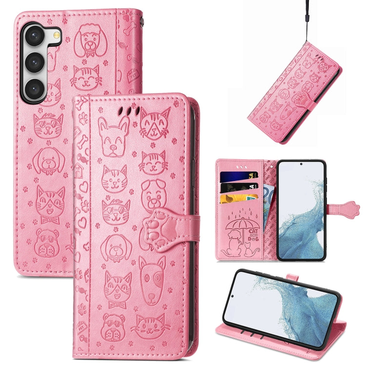 Cute Cat and Dog Embossed Leather Phone Case, For Samsung Galaxy S23 5G, For Samsung Galaxy S23+ 5G, For Samsung Galaxy S23 Ultra 5G