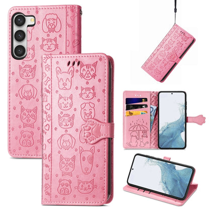 Cute Cat and Dog Embossed Leather Phone Case, For Samsung Galaxy S23 5G, For Samsung Galaxy S23+ 5G, For Samsung Galaxy S23 Ultra 5G