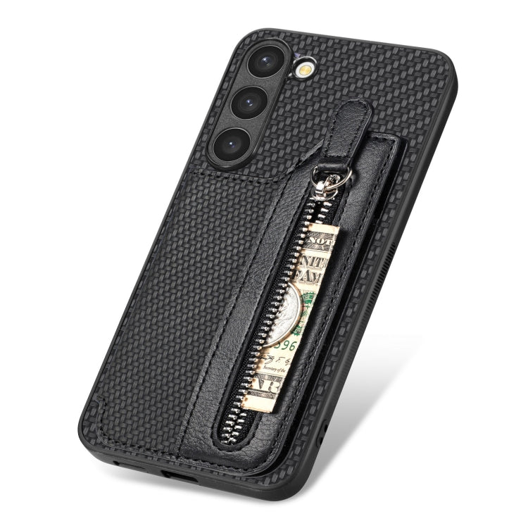 Carbon Ffiber Flip Zipper Wallet Phone Case, For Samsung Galaxy S23+ 5G, For Samsung Galaxy S23 Ultra 5G