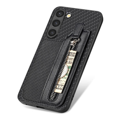 Carbon Ffiber Flip Zipper Wallet Phone Case, For Samsung Galaxy S23+ 5G, For Samsung Galaxy S23 Ultra 5G