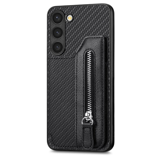 Carbon Ffiber Flip Zipper Wallet Phone Case, For Samsung Galaxy S23+ 5G, For Samsung Galaxy S23 Ultra 5G