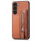 Carbon Ffiber Flip Zipper Wallet Phone Case, For Samsung Galaxy S23+ 5G, For Samsung Galaxy S23 Ultra 5G