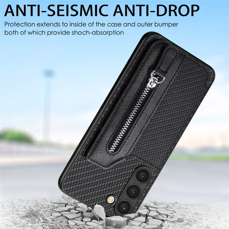 Carbon Ffiber Flip Zipper Wallet Phone Case, For Samsung Galaxy S23+ 5G, For Samsung Galaxy S23 Ultra 5G