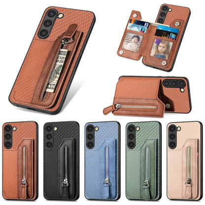 Carbon Ffiber Flip Zipper Wallet Phone Case, For Samsung Galaxy S23+ 5G, For Samsung Galaxy S23 Ultra 5G
