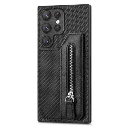 Carbon Ffiber Flip Zipper Wallet Phone Case, For Samsung Galaxy S23+ 5G, For Samsung Galaxy S23 Ultra 5G