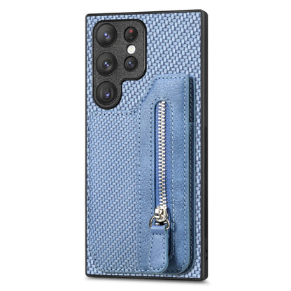 Carbon Ffiber Flip Zipper Wallet Phone Case, For Samsung Galaxy S23+ 5G, For Samsung Galaxy S23 Ultra 5G