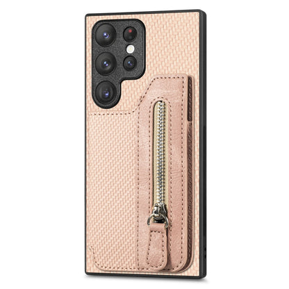 Carbon Ffiber Flip Zipper Wallet Phone Case, For Samsung Galaxy S23+ 5G, For Samsung Galaxy S23 Ultra 5G