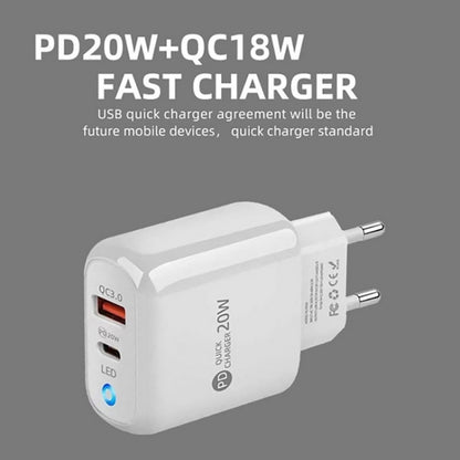 PD04 Type-C + USB Mobile Phone Charger with Type-C to Type-C Cable, EU Plug
