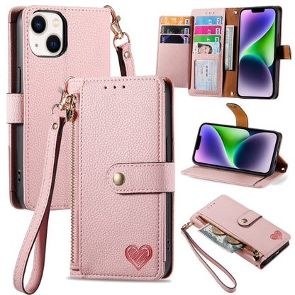 Love Zipper Lanyard Leather Phone Case, For iPhone 15, For iPhone 14 Plus, For iPhone 14, For iPhone 14 Pro