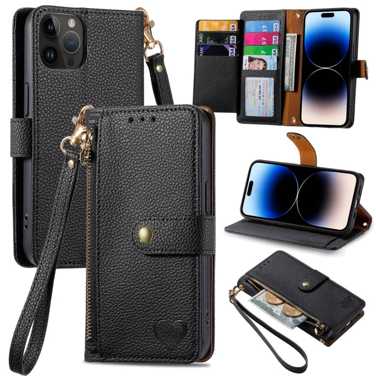 Love Zipper Lanyard Leather Phone Case, For iPhone 15, For iPhone 14 Plus, For iPhone 14, For iPhone 14 Pro