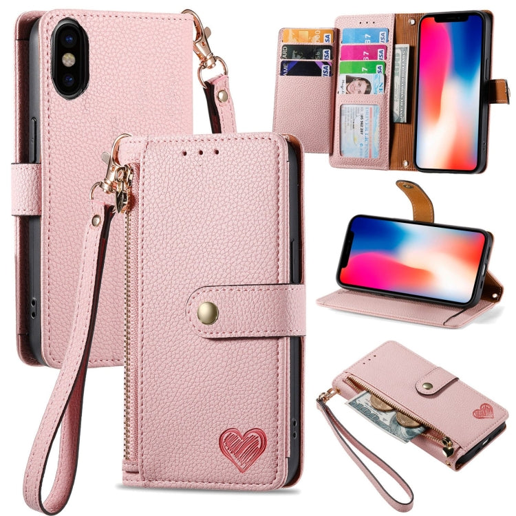 Love Zipper Lanyard Leather Phone Case, For iPhone 7 / 8 / SE 2022, For iPhone 12 / 12 Pro, For iPhone X / XS, For iPhone 7 Plus / 8 Plus