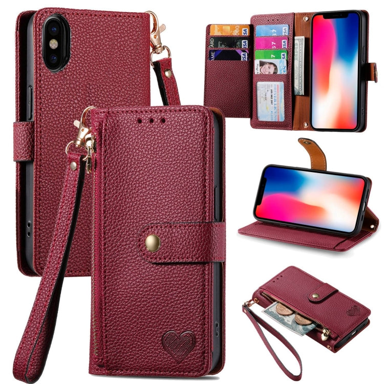 Love Zipper Lanyard Leather Phone Case, For iPhone 7 / 8 / SE 2022, For iPhone 12 / 12 Pro, For iPhone X / XS, For iPhone 7 Plus / 8 Plus