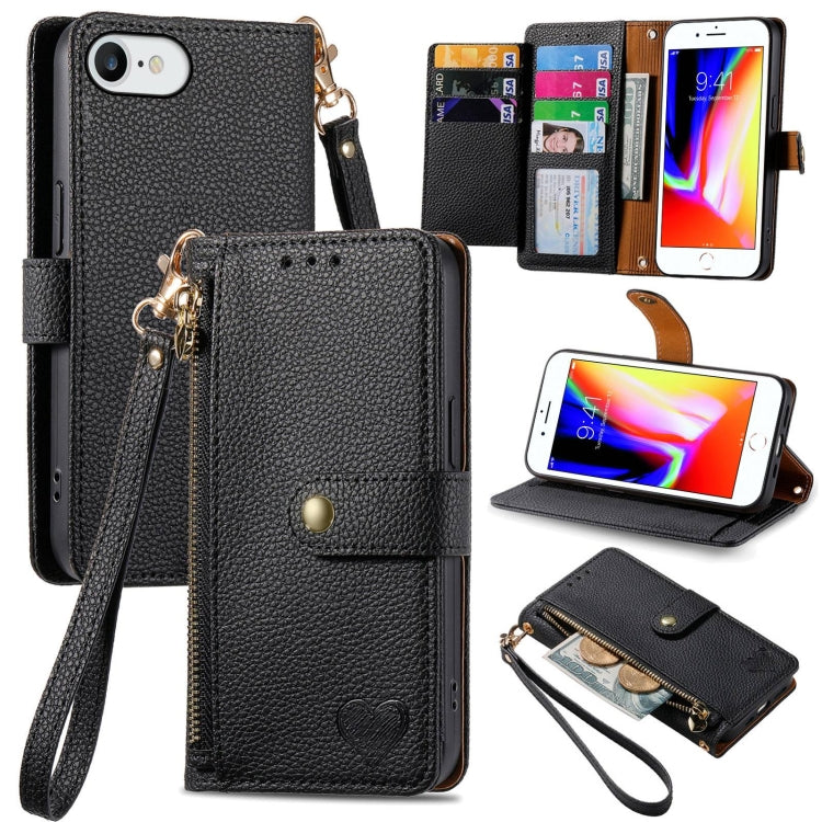 Love Zipper Lanyard Leather Phone Case, For iPhone 7 / 8 / SE 2022, For iPhone 12 / 12 Pro, For iPhone X / XS, For iPhone 7 Plus / 8 Plus