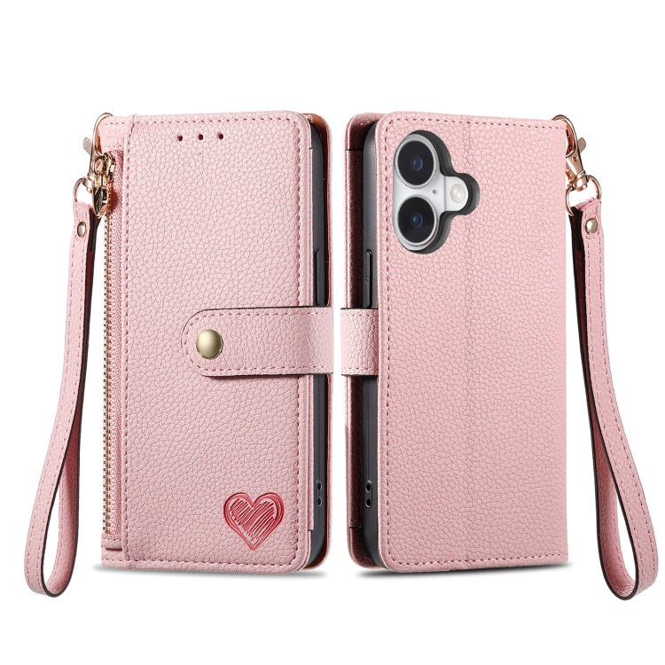 Love Zipper Lanyard Leather Phone Case, For iPhone 16, For iPhone 15 Pro Max, For iPhone 15 Pro, For iPhone 15 Plus