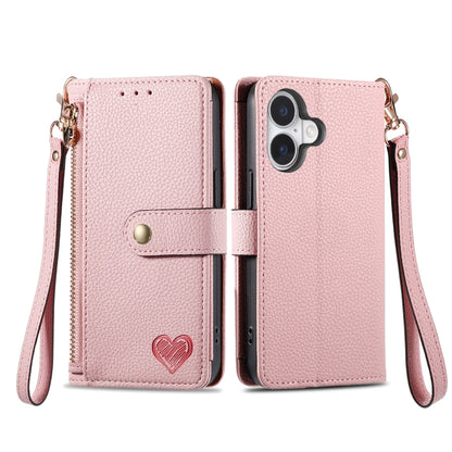 Love Zipper Lanyard Leather Phone Case, For iPhone 16, For iPhone 15 Pro Max, For iPhone 15 Pro, For iPhone 15 Plus