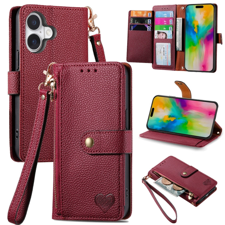 Love Zipper Lanyard Leather Phone Case, For iPhone 16, For iPhone 15 Pro Max, For iPhone 15 Pro, For iPhone 15 Plus