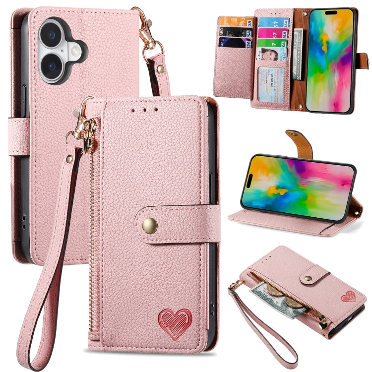 Love Zipper Lanyard Leather Phone Case, For iPhone 16e, For iPhone 16 Pro Max, For iPhone 16 Pro, For iPhone 16 Plus