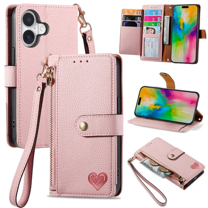 Love Zipper Lanyard Leather Phone Case, For iPhone Air, For iPhone 16 Pro Max, For iPhone 16 Pro, For iPhone 16 Plus