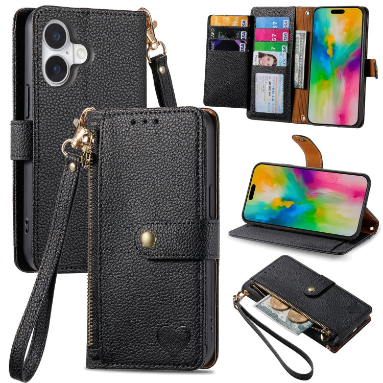 Love Zipper Lanyard Leather Phone Case, For iPhone 16e, For iPhone 16 Pro Max, For iPhone 16 Pro, For iPhone 16 Plus