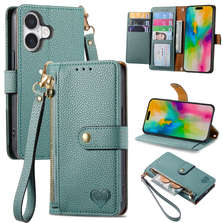 Love Zipper Lanyard Leather Phone Case, For iPhone 16e, For iPhone 16 Pro Max, For iPhone 16 Pro, For iPhone 16 Plus