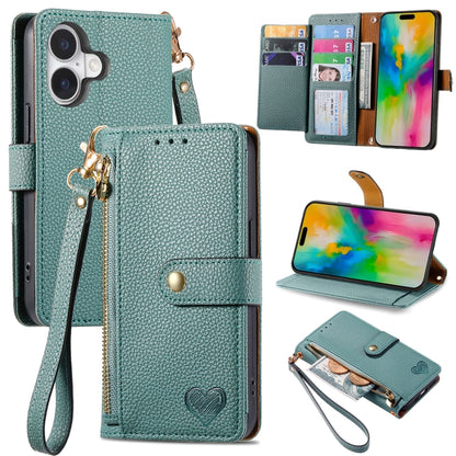 Love Zipper Lanyard Leather Phone Case, For iPhone 16e, For iPhone 16 Pro Max, For iPhone 16 Pro, For iPhone 16 Plus
