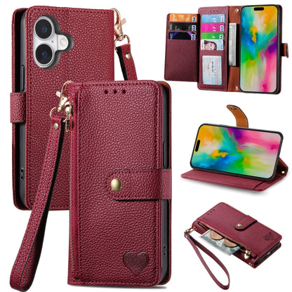 Love Zipper Lanyard Leather Phone Case, For iPhone 16e, For iPhone 16 Pro Max, For iPhone 16 Pro, For iPhone 16 Plus