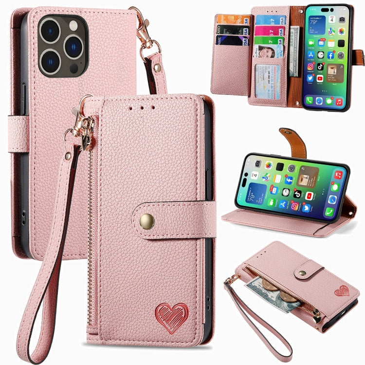 Love Zipper Lanyard Leather Phone Case, For iPhone 16e, For iPhone 16 Pro Max, For iPhone 16 Pro, For iPhone 16 Plus