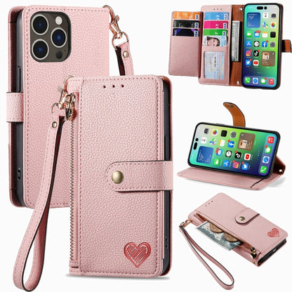 Love Zipper Lanyard Leather Phone Case, For iPhone 16e, For iPhone 16 Pro Max, For iPhone 16 Pro, For iPhone 16 Plus