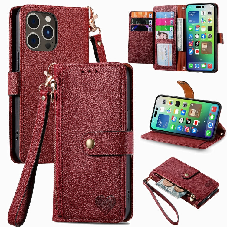 Love Zipper Lanyard Leather Phone Case, For iPhone 16e, For iPhone 16 Pro Max, For iPhone 16 Pro, For iPhone 16 Plus