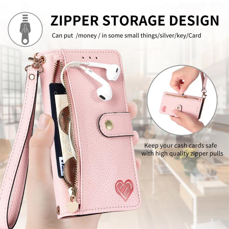 Love Zipper Lanyard Leather Phone Case, For iPhone 16e, For iPhone 16 Pro Max, For iPhone 16 Pro, For iPhone 16 Plus