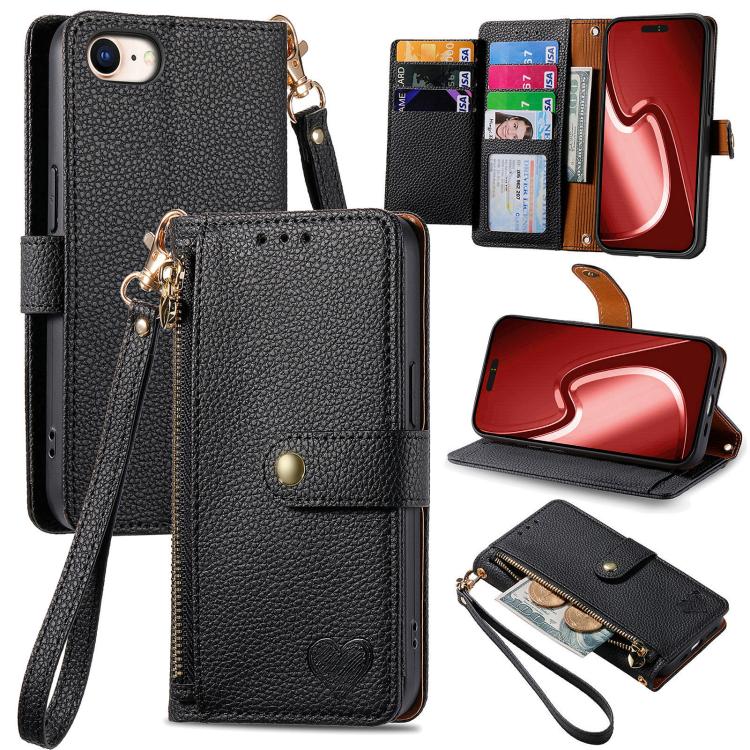 Love Zipper Lanyard Leather Phone Case, For iPhone 16e, For iPhone 16 Pro Max, For iPhone 16 Pro, For iPhone 16 Plus