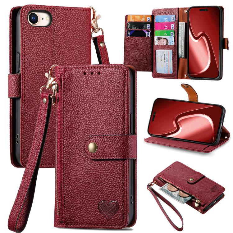 Love Zipper Lanyard Leather Phone Case, For iPhone 16e, For iPhone 16 Pro Max, For iPhone 16 Pro, For iPhone 16 Plus