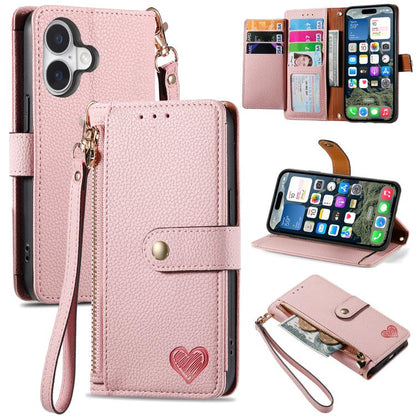 Love Zipper Lanyard Leather Phone Case, For iPhone 17e / 16e, For iPhone 17 Pro Max, For iPhone 17 Pro, For iPhone 17