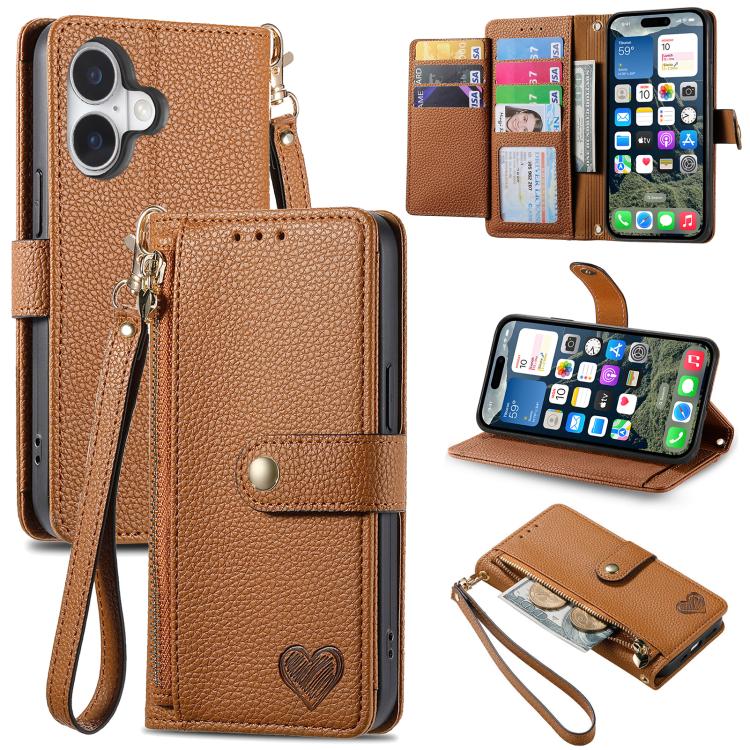 Love Zipper Lanyard Leather Phone Case, For iPhone 17e / 16e, For iPhone 17 Pro Max, For iPhone 17 Pro, For iPhone 17