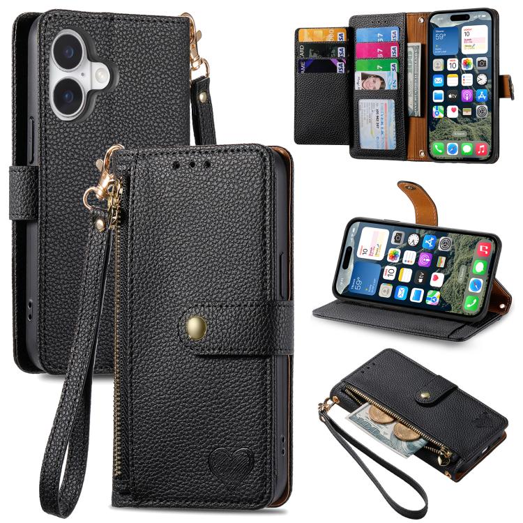 Love Zipper Lanyard Leather Phone Case, For iPhone 17e / 16e, For iPhone 17 Pro Max, For iPhone 17 Pro, For iPhone 17