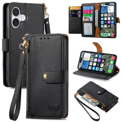 Love Zipper Lanyard Leather Phone Case, For iPhone 17e / 16e, For iPhone 17 Pro Max, For iPhone 17 Pro, For iPhone 17