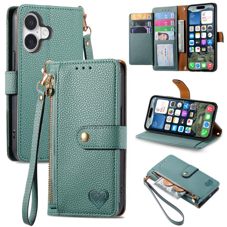 Love Zipper Lanyard Leather Phone Case, For iPhone 17e / 16e, For iPhone 17 Pro Max, For iPhone 17 Pro, For iPhone 17
