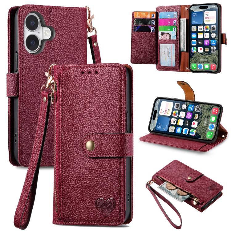 Love Zipper Lanyard Leather Phone Case, For iPhone 17e / 16e, For iPhone 17 Pro Max, For iPhone 17 Pro, For iPhone 17