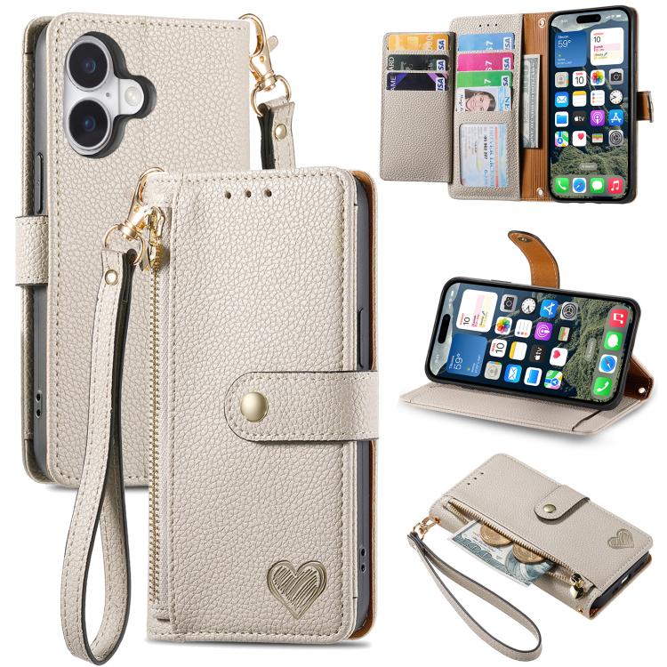 Love Zipper Lanyard Leather Phone Case, For iPhone 17e / 16e, For iPhone 17 Pro Max, For iPhone 17 Pro, For iPhone 17