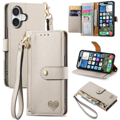 Love Zipper Lanyard Leather Phone Case, For iPhone 17e / 16e, For iPhone 17 Pro Max, For iPhone 17 Pro, For iPhone 17