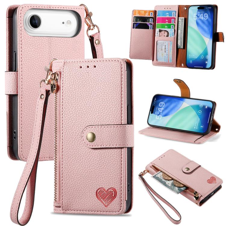 Love Zipper Lanyard Leather Phone Case, For iPhone Air, For iPhone 16 Pro Max, For iPhone 16 Pro, For iPhone 16 Plus