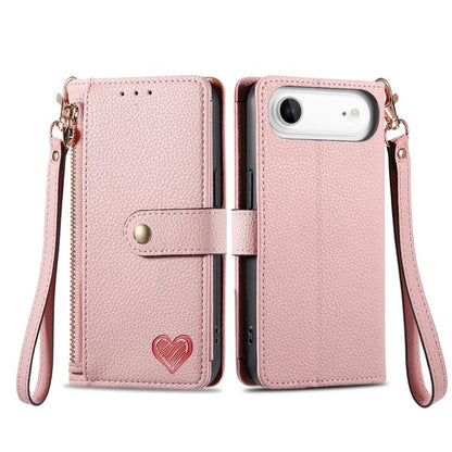 Love Zipper Lanyard Leather Phone Case, For iPhone Air, For iPhone 16 Pro Max, For iPhone 16 Pro, For iPhone 16 Plus