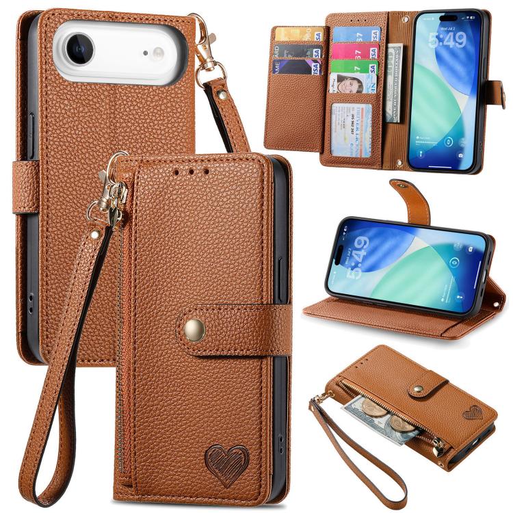 Love Zipper Lanyard Leather Phone Case, For iPhone Air, For iPhone 16 Pro Max, For iPhone 16 Pro, For iPhone 16 Plus